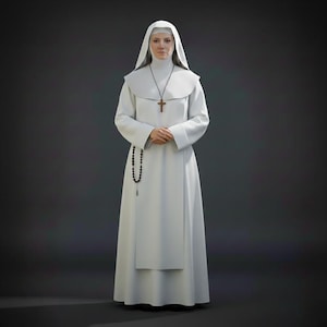 May include: A person wearing a white habit, a traditional religious garment. The habit includes a long dress, a head covering, and a cross pendant. A rosary hangs from the person's hands. The background is a solid dark gray.