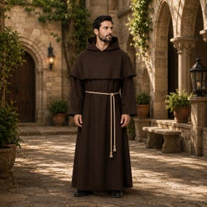 May include: A dark brown full-length robe featuring a hood and a wide shoulder capelet. The garment is cinched at the waist with a thick, light-colored rope belt that hangs down the front, ending in two simple knotted tassels at the bottom hem.