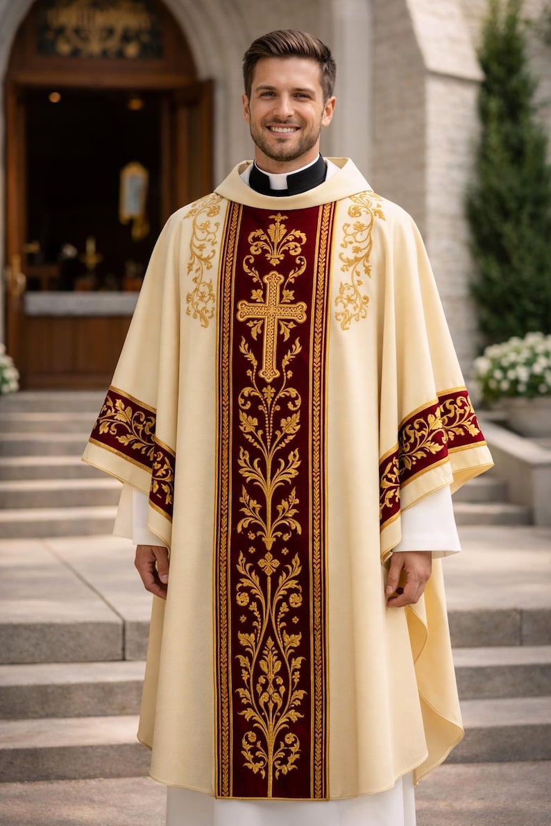 Embroidered Catholic Priest Chasuble - Gold Cream Vestment With ...