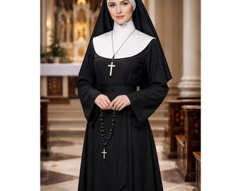 May include: A black nun habit with a white wimple and collar. A black veil frames the face, and a cross pendant hangs from a necklace. A rosary and a cross are held in the hands. The outfit is worn in a church setting.