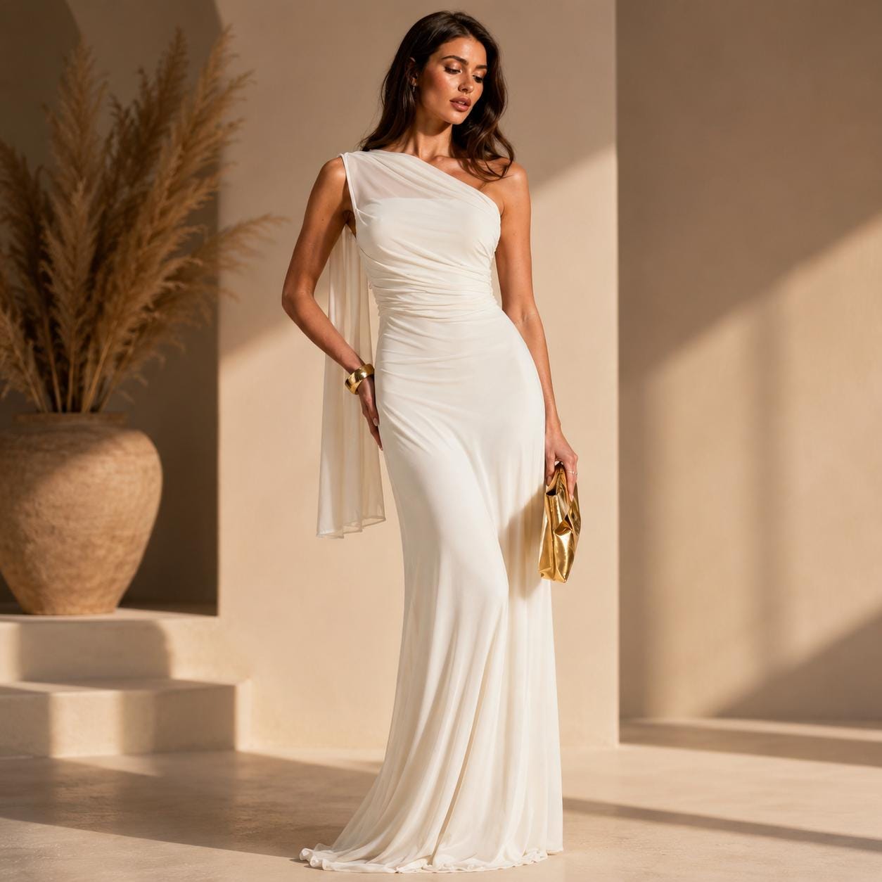 White One Shoulder Grecian Maxi Dress