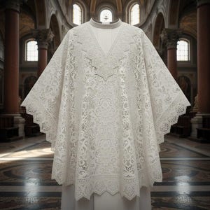 May include: A white, ornate lace vestment with a V-neck design. The vestment features intricate floral patterns and a scalloped hem. The garment is displayed on a mannequin in a church setting, showcasing its delicate details and formal style.
