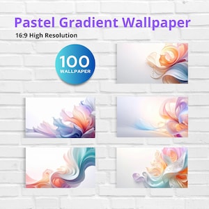 May include: A collection of pastel gradient wallpapers with a high-resolution 16:9 aspect ratio. The image features a variety of abstract designs in soft colors like blue, pink, orange, and white. A circular graphic indicates 100 wallpapers are available.