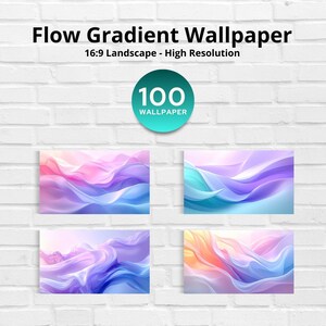 May include: A collection of four high-resolution, 16:9 landscape wallpapers with a flow gradient design. The wallpapers feature abstract flowing shapes in shades of pink, blue, purple, and orange. The image also includes a teal circle with the text "100 Wallpaper".