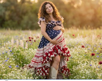Fotografía de embarazo, retratos de maternidad patrióticos, estilo americano rojo, blanco y azul (retratos digitales)