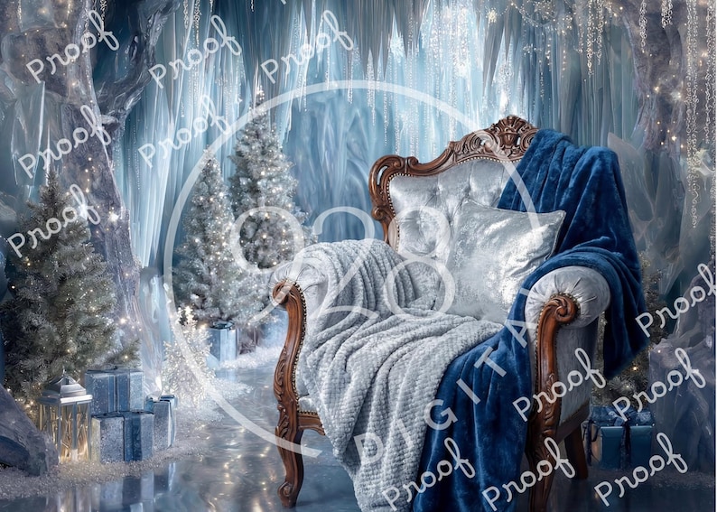 May include: A winter wonderland scene with a vintage armchair draped with a blue blanket and a gray throw. A silver pillow rests on the chair. Two Christmas trees and wrapped gifts are in the background, creating a festive holiday setting.