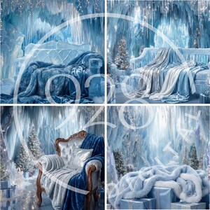 May include: Four images showcasing a winter wonderland theme. Each scene features ice-like furniture, plush blankets in shades of blue, and decorative elements like Christmas trees and gift boxes. The overall aesthetic is cool and ethereal.