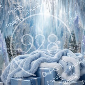 May include: A winter wonderland scene with a light blue faux fur blanket and a white-trimmed hood draped over a stack of wrapped gifts. The background features an icy cave with icicles and snow-covered trees, creating a festive, cold-weather theme.