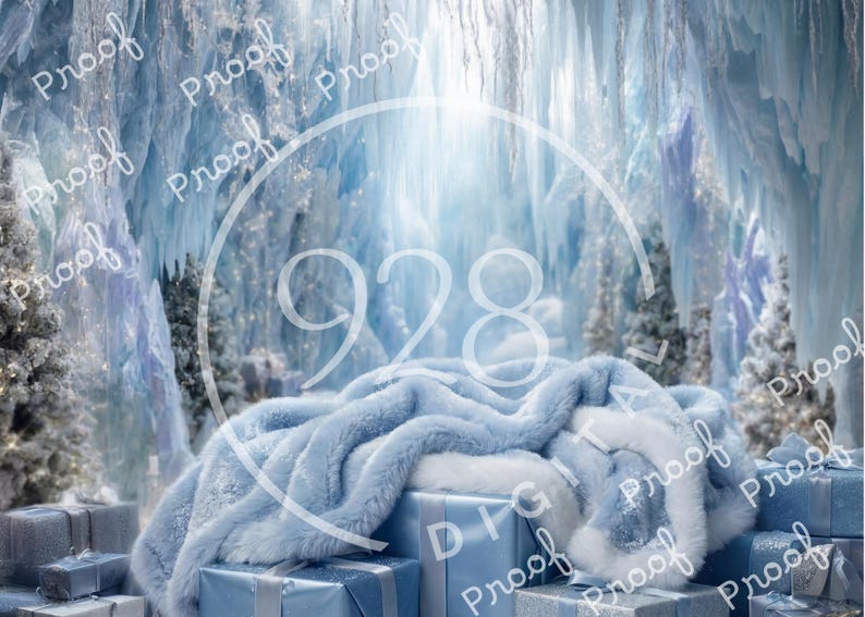 May include: A winter wonderland scene with a light blue faux fur blanket and a white-trimmed hood draped over a stack of wrapped gifts. The background features an icy cave with icicles and snow-covered trees, creating a festive, cold-weather theme.