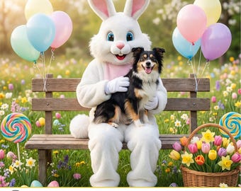 Sesión de fotos de Pascua para mascotas: 4 escenas primaverales, orejas de conejo y búsqueda de huevos (retratos digitales)