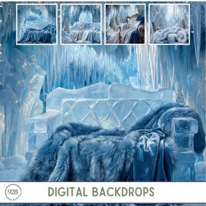 May include: A digital backdrop featuring an ice throne with a blue faux fur blanket and a velvet throw. The background showcases an icy cave with icicles and the text "DIGITAL BACKDROPS".