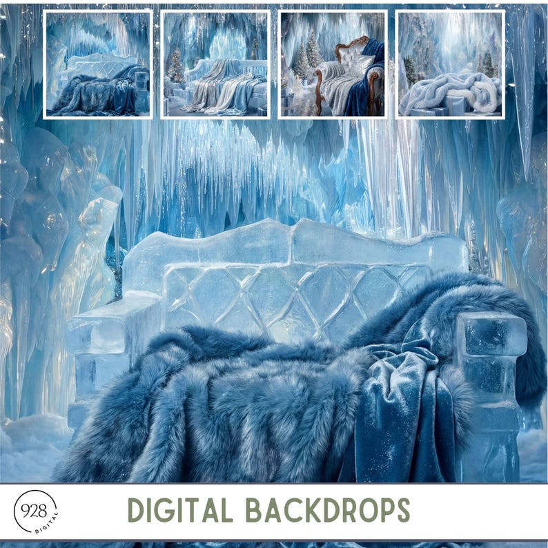 May include: A digital backdrop featuring an ice throne with a blue faux fur blanket and a velvet throw. The background showcases an icy cave with icicles and the text "DIGITAL BACKDROPS".