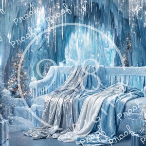 May include: A winter wonderland scene with a bench draped in silver and blue blankets. The bench is covered in ice, with icicles hanging from it. Christmas trees and gift boxes are also visible.