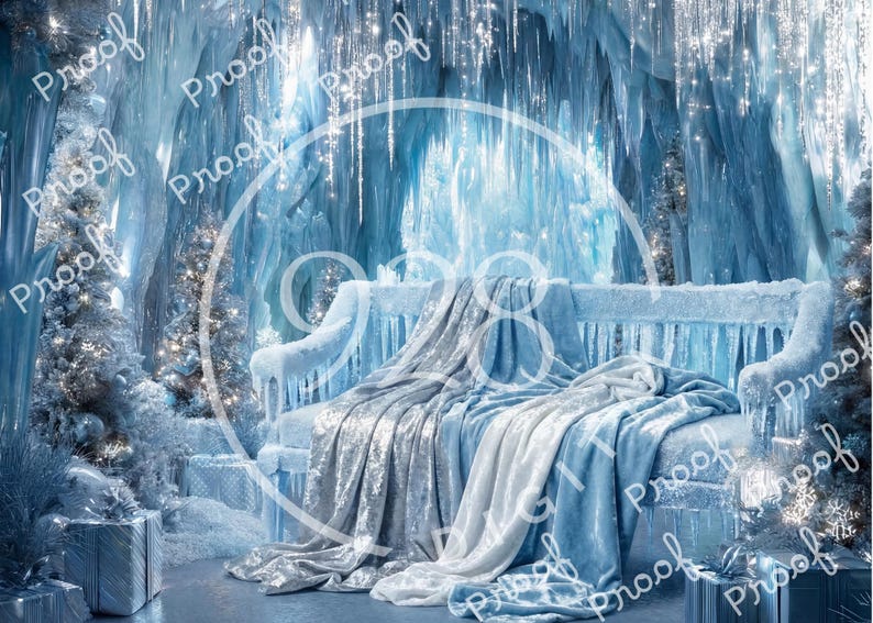 May include: A winter wonderland scene with a bench draped in silver and blue blankets. The bench is covered in ice, with icicles hanging from it. Christmas trees and gift boxes are also visible.