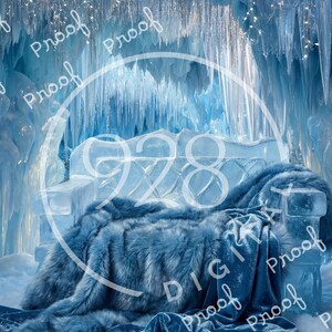 May include: A digital backdrop featuring an ice throne in a frozen cave setting. The throne is made of ice and covered with a blue faux fur blanket. The background shows icicles and a string of lights, creating a winter wonderland theme.