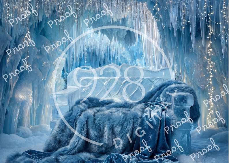May include: A digital backdrop featuring an ice throne in a frozen cave setting. The throne is made of ice and covered with a blue faux fur blanket. The background shows icicles and a string of lights, creating a winter wonderland theme.