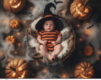Primer retrato de Halloween de bebé personalizado - Sesión de fotos virtual espeluznante - (Descarga digital) Conjunto de 4 fotos