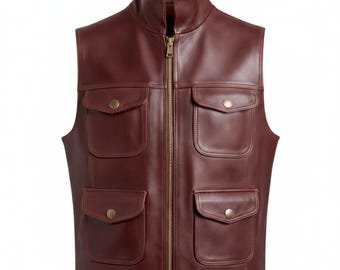 Chaleco de cuero marrón premium para hombre: auténtico chaleco vintage de cuero estilo western y motero con bolsillos utilitarios.
