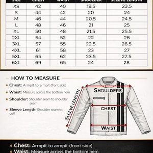 Puede incluir: Tabla de tallas de chaquetas con medidas en pulgadas. La tabla incluye tallas XS a 6XL, detallando medidas de pecho, cintura, hombro y largo de manga. Una ilustraci&oacute;n muestra c&oacute;mo medir pecho, cintura, hombro y largo de manga.