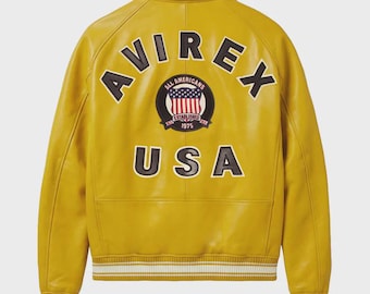 Avirex Leather Jacket Mens Military Bomber jacket Genuine Cowhide Leather Biker Jacket Avirex Bomber Jacket in Yellow Best For Gift