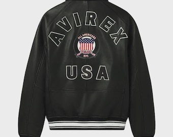 Avirex jacket - Men’s Avirex Black Leather Bomber Jacket | Real Cowhide American Flight Aviator Style - Leather Jackets
