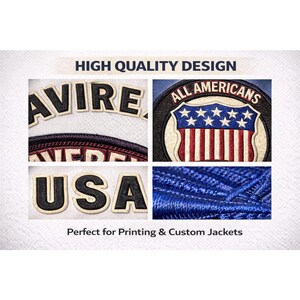 Download PDF del design della toppa Avirex, modello di toppa per giacca di pelle, toppe per colletto anteriore e posteriore, logo USA vintage, giacca personalizzata fai da te immagine 2