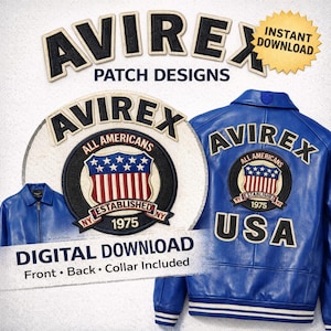 Pu&ograve; includere: Design di patch per il download digitale con il logo "AVIREX" e una giacca di pelle blu. Il design include il testo "ALL AMERICANS" e "ESTABLISHED NY 1975". L'immagine include anche il testo "DIGITAL DOWNLOAD" e "USA".