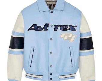 Giacca Avirex - Giacca bomber in pelle blu Avirex da uomo fatta a mano, icona degli Stati Uniti, giacca da aviatore universitaria, regalo streetwear per lui