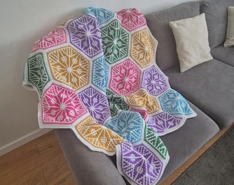 Mosaic Crochet Blanket Pattern PDF, Hexagon Crochet Afghan, Colorful Geometric Blanket, Join As You Go Pattern, Intermediate Crochet Pattern
