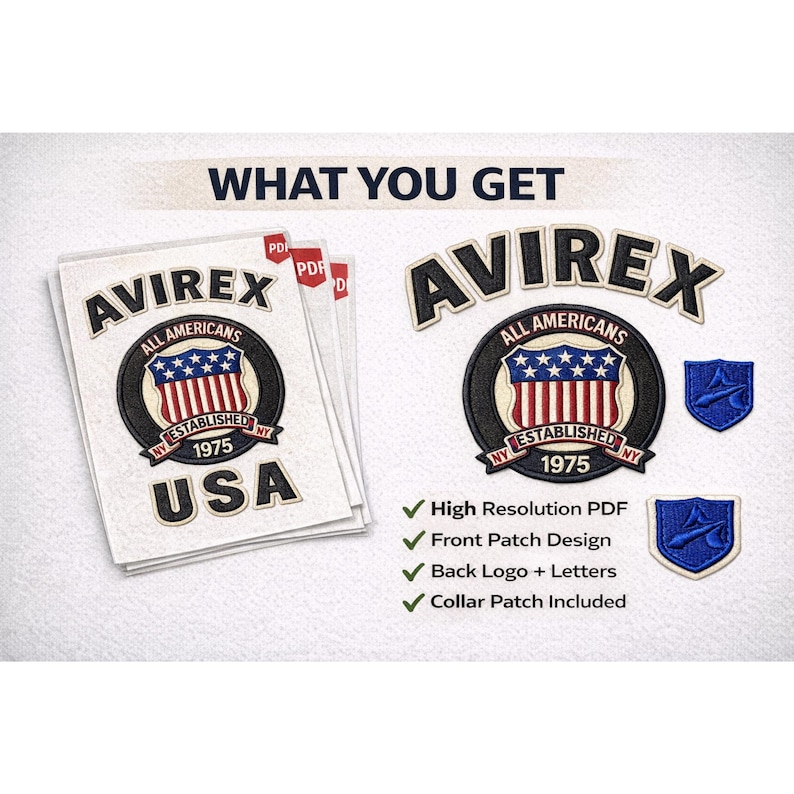 Download PDF del design della toppa Avirex, modello di toppa per giacca di pelle, toppe per colletto anteriore e posteriore, logo USA vintage, giacca personalizzata fai da te immagine 3
