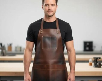 Delantal de cuero - Delantal de chef de cuero flor hecho a mano, delantal de barbacoa, regalo personalizado - Delantal de cuero para hombre