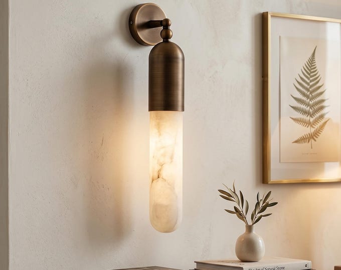 Modern Alabaster Wall Sconce Light Fixture Minimalist Brass Bathroom Vanity Lamp Luxury Marble Tube Wall Light Contemporary Bedside Lighting