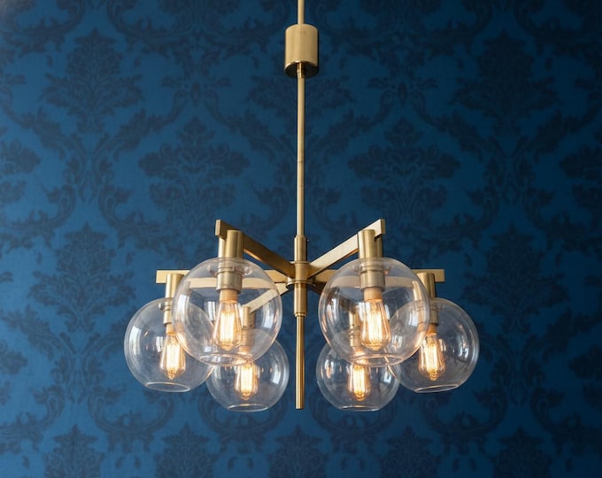 Modern Brass Globe Chandelier, 6 Light Smoked Glass Pendant Light, Mid Century Gold Ceiling Fixture, Luxury Dining Room Lighting