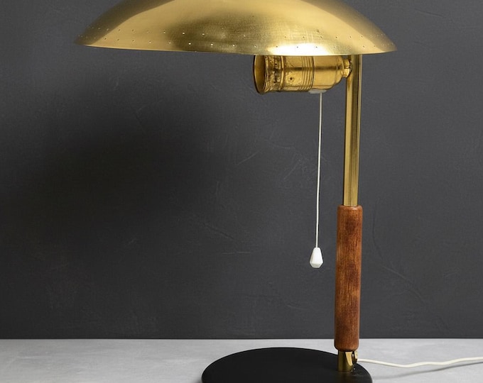 Mid Century Modern Brass Table Lamp • Vintage Style Dome Mushroom Shade • Wood & Gold Accent Lighting • Retro Bedside Lamp Decor