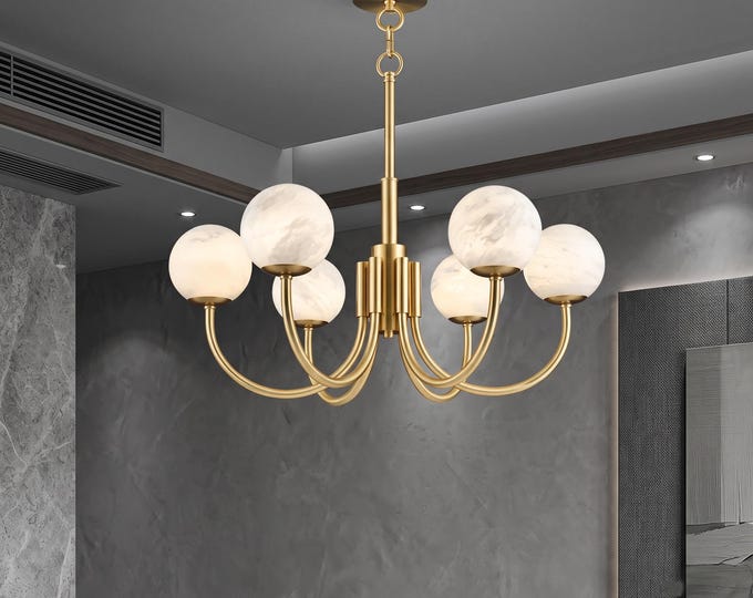 Modern Brass and Alabaster Chandelier, 6-Light Minimalist Ceiling Fixture, Nordic Mid-Century Lighting for Dining Room