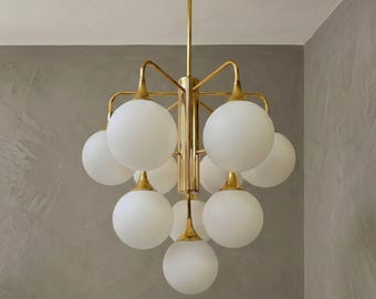 10 Globe Brass Chandelier | Mid Century Modern Opaline Glass Ceiling Light | Italian Style Gold Fixture Luxury Dining Room & Foyer Lighting