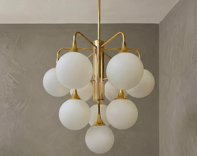 10 Globe Brass Chandelier | Mid Century Modern Opaline Glass Ceiling Light | Italian Style Gold Fixture Luxury Dining Room & Foyer Lighting