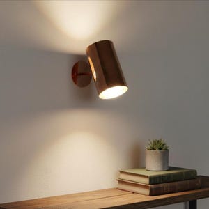 May include: A copper-colored wall-mounted spotlight fixture. The cylindrical light is angled downward, casting a warm glow on the wall. The fixture is mounted on a circular base. A small succulent in a concrete pot sits on a wooden shelf below.