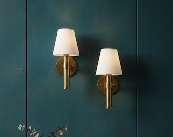 Modern Brass Wall Sconce with Fabric Shade Elegant Gold Wall Lamp for Bedroom Living Room Hallway Mid Century Style Indoor Lighting Fixture