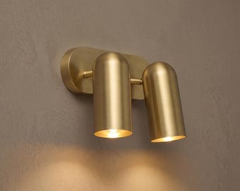 Modern Brass Double Wall Sconce Light Fixture, Minimalist Gold Cylinder Wall Lamp, Luxury Bedroom Bathroom Vanity Lighting Mid Century Decor