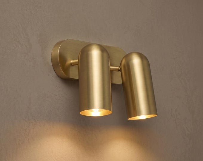 Modern Brass Double Wall Sconce Light Fixture, Minimalist Gold Cylinder Wall Lamp, Luxury Bedroom Bathroom Vanity Lighting Mid Century Decor