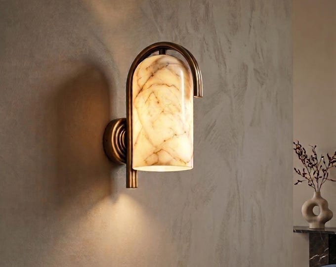 Modern Alabaster Wall Sconce Light Fixture Minimalist Brass Bathroom Vanity Lamp Luxury Marble Tube Wall Light Contemporary Bedside Lighting