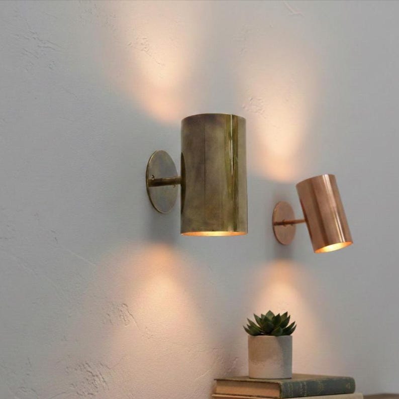 Minimalist Brass Wall Light Industrial Gold Cylinder Sconce Modern Indoor Lighting - Hand-Finished Brass Fixture Minimalist Home Decor image 7