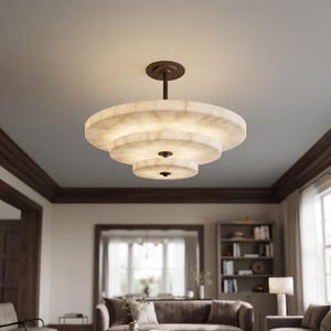 Modern Brass & Alabaster 3-Tier Chandelier – Minimalist Ceiling Fixture