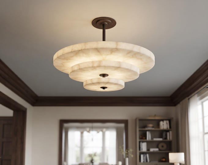 Modern Brass & Alabaster 3-Tier Chandelier – Minimalist Ceiling Fixture