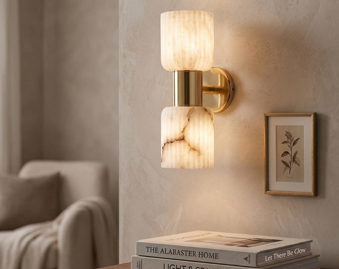 Modern Alabaster Wall Sconce Luxury Stone Sconce Light Minimalist Wall Lamp Artisan Stone Wall Lighting Vertical Ribbed Stone Sconce Decor
