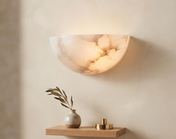 Alabaster Wall Sconce, Hand Carved Half Dome Wall Lamp, Warm Diffused Bedside Lighting, Modern Minimalist Interior Decor, Lighting Fixture