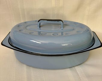 Vintage Small Light Blue Enamel Roasting Pan