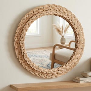 Könnte beinhalten: Ein runder Spiegel mit einem Rahmen aus geflochtenem Rattan. Der Rahmen hat eine hellbeige Farbe und ein geflochtenes Design. Der Spiegel hängt an einer weißen Wand. Die Reflexion zeigt einen Raum mit einem Stuhl und einer Vase.