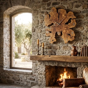 May include: A wall clock crafted from a natural, irregular slice of brown wood with visible grain and bark edges. The clock face features silver-toned Roman numerals positioned around the centre, with two slender silver hands indicating the time.